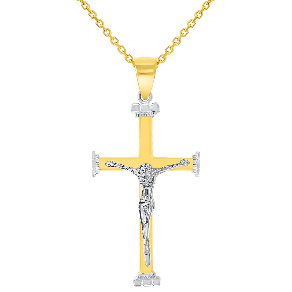 14k Solid Two-Tone Gold 3D Religious Crucifix Cross Pendant With Cable, Curb or Figaro Chain Necklace