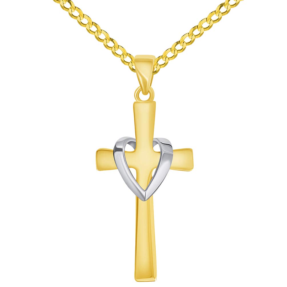 14k Solid Two-Tone Gold Religious Heart Cross Pendant with Cuban Curb Chain Necklace