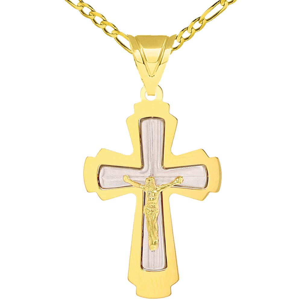 14k Solid Two Tone Gold Roman Catholic Cross Crucifix Pendant with Figaro Chain Necklace