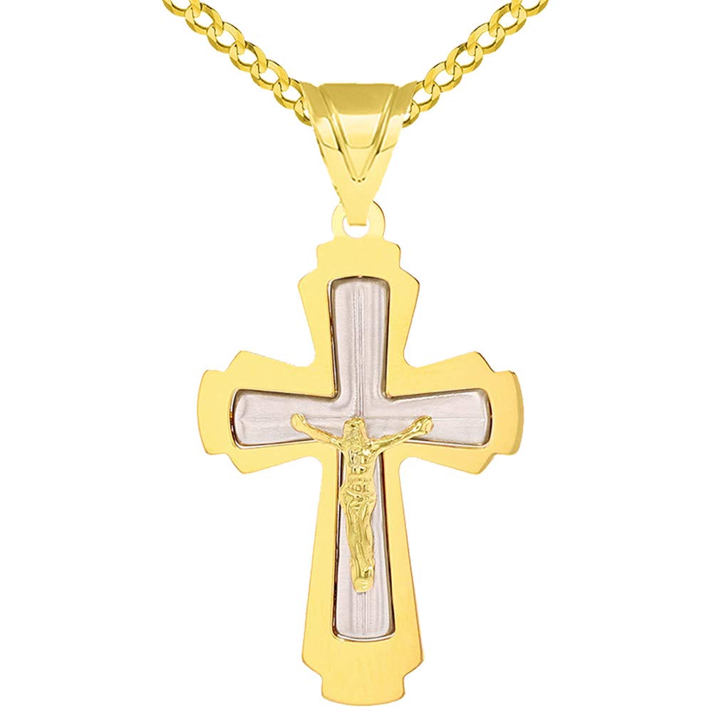 14k Solid Two Tone Gold Roman Catholic Cross Crucifix Pendant with Cuban Chain Necklace