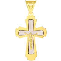 Load image into Gallery viewer, 14k Solid Two Tone Gold Roman Catholic Cross Crucifix Pendant with Cuban Chain Necklace
