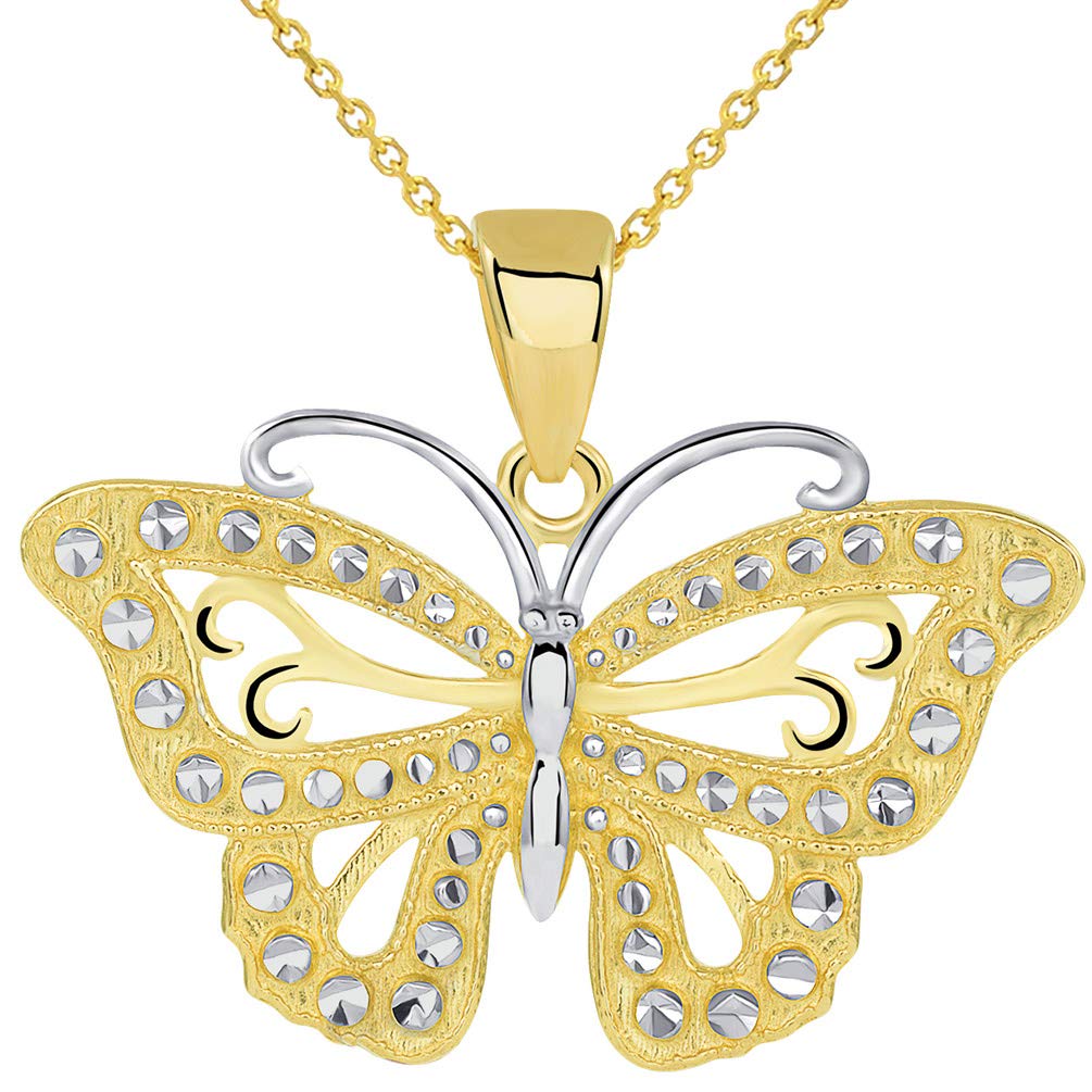 14k Solid Yellow Gold Budded Butterfly Pendant with Cable, Cuban Curb, or Figaro Chain Necklaces