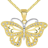 Load image into Gallery viewer, 14k Solid Yellow Gold Budded Butterfly Pendant with Cable, Cuban Curb, or Figaro Chain Necklaces
