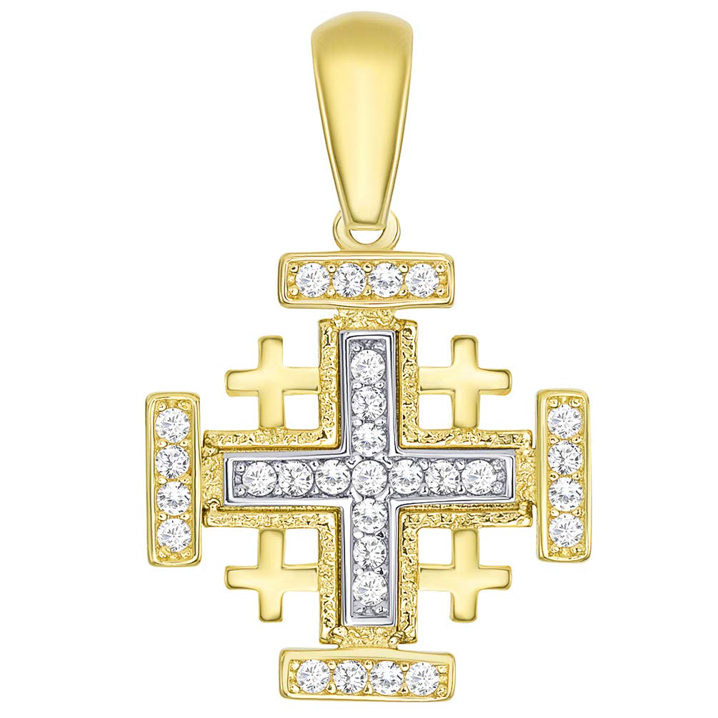 14k Solid Yellow Gold CZ Crusaders Jerusalem Cross Pendant