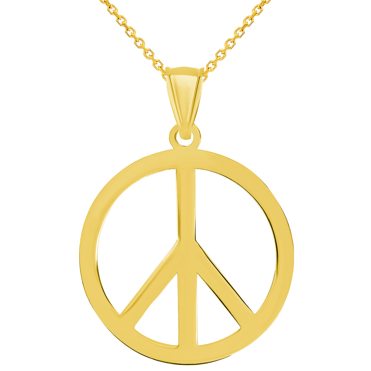 14k Solid Yellow Gold Dainty Peace Sign Pendant with Rolo Cable, Cuban Curb, or Figaro Chain Necklace