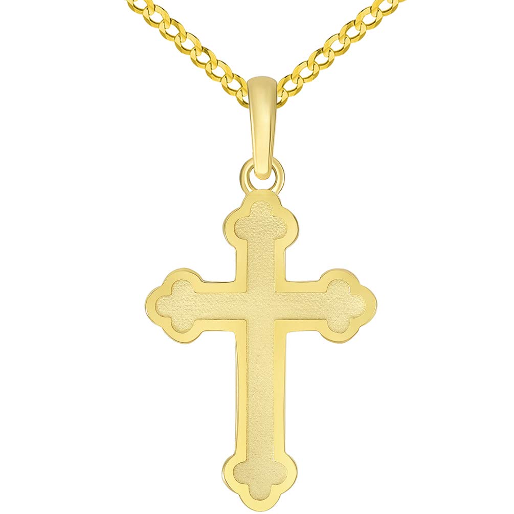 14k Solid Yellow Gold Eastern Orthodox Cross Pendant with Curb Chain Necklace
