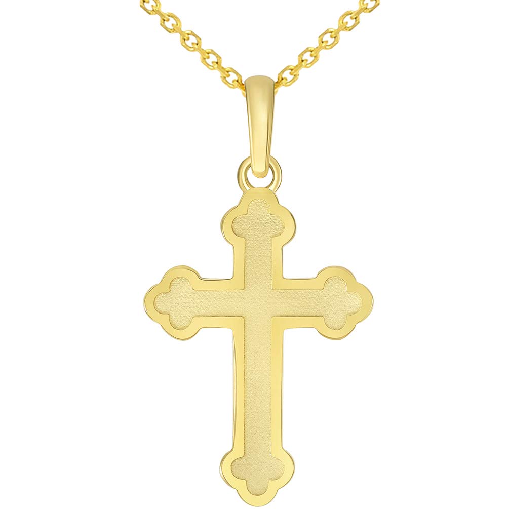 14k Solid Yellow Gold Eastern Orthodox Cross Pendant with Cable Rolo Chain Necklace