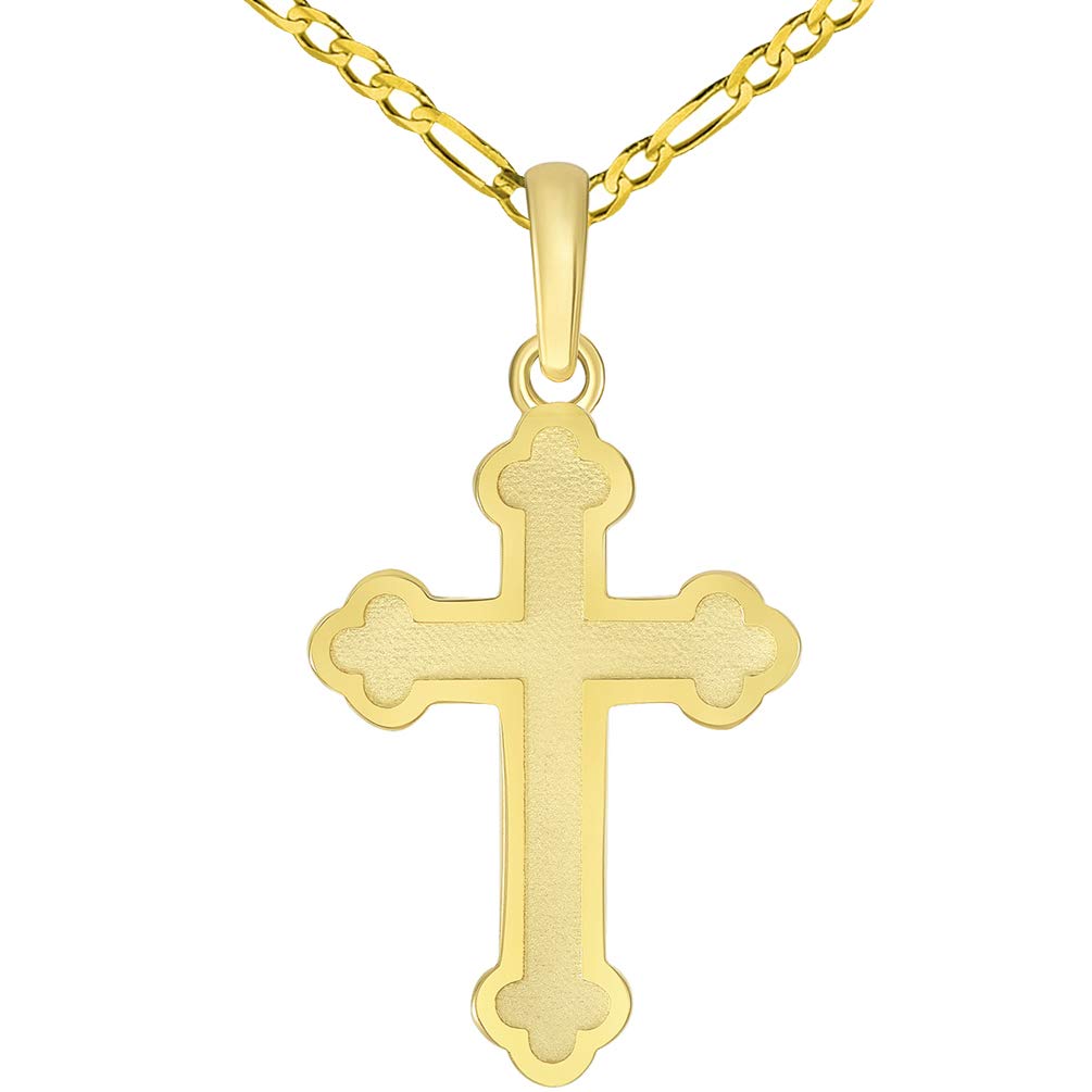 14k Solid Yellow Gold Eastern Orthodox Cross Pendant with Figaro Chain Necklace