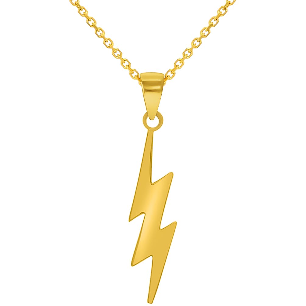 14k Solid Yellow Gold Lightning Bolt Pendant with Rolo Cable, Cuban Curb, or Figaro Chain Necklace