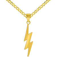 Load image into Gallery viewer, 14k Solid Yellow Gold Lightning Bolt Pendant with Rolo Cable, Cuban Curb, or Figaro Chain Necklace
