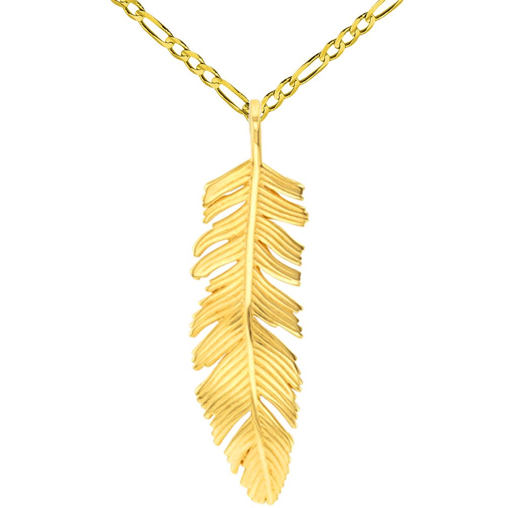 14k Solid Yellow Gold Polished Feather Charm Pendant with Figaro Chain Necklace