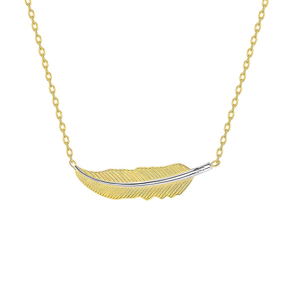 14k Solid Yellow Gold Sideways Feather Necklace with Spring Ring Clasp