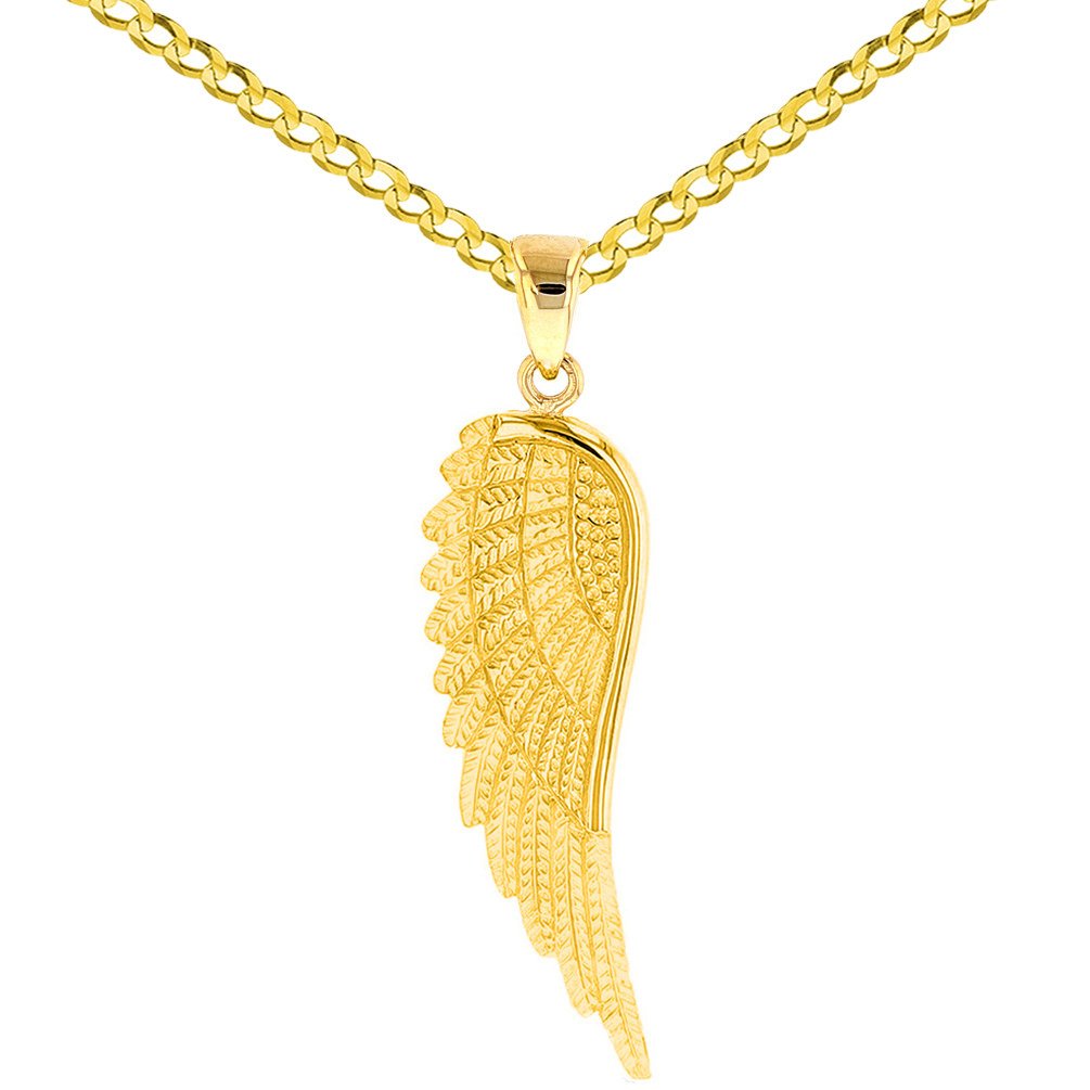 14k Solid Yellow Gold Textured Angel Wing Charm Pendant with Cuban Chain Necklace