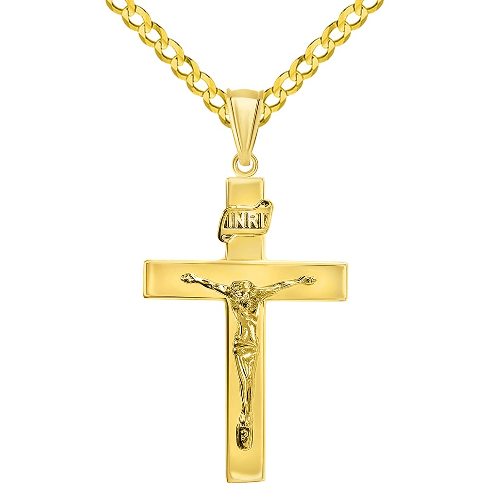 14k Yellow Gold 4mm Thick INRI Tubular Crucifix Roman Catholic Cross Pendant with Cuban Chain Curb Necklace