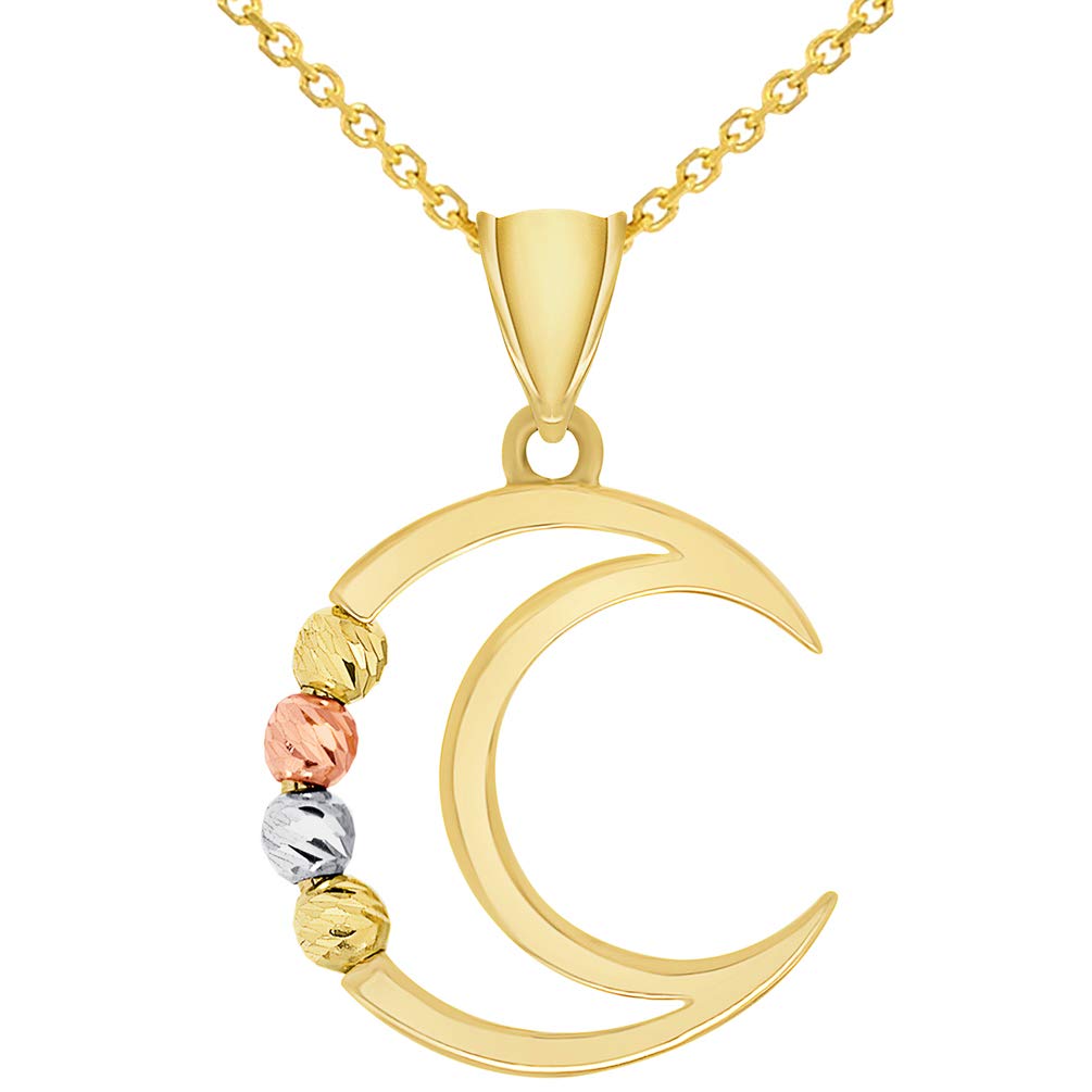 14k Tri-Color Gold Beaded Open Crescent Moon Pendant Necklace with Cable, Curb, or Figaro Chain
