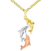 Load image into Gallery viewer, 14k Tri-Color Gold Dangling Three Dolphins Jumping Up Pendant with Figaro Chain Necklace
