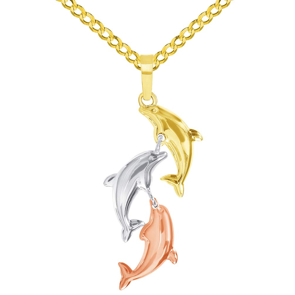 14k Tri-Color Gold Dangling Three Dolphins Jumping Up Pendant with Cuban Curb Chain Necklace