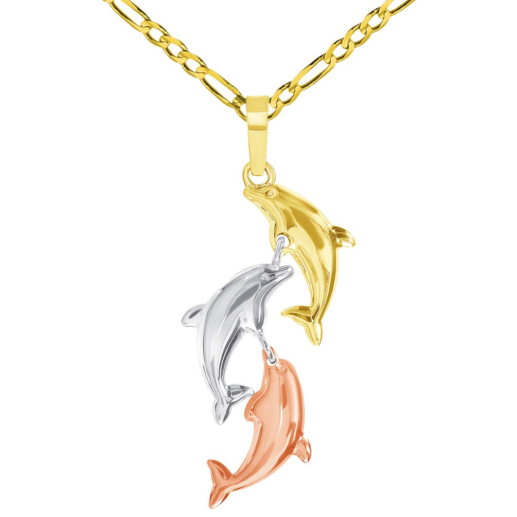 14k Tri-Color Gold Dangling Three Dolphins Jumping Up Pendant with Figaro Chain Necklace