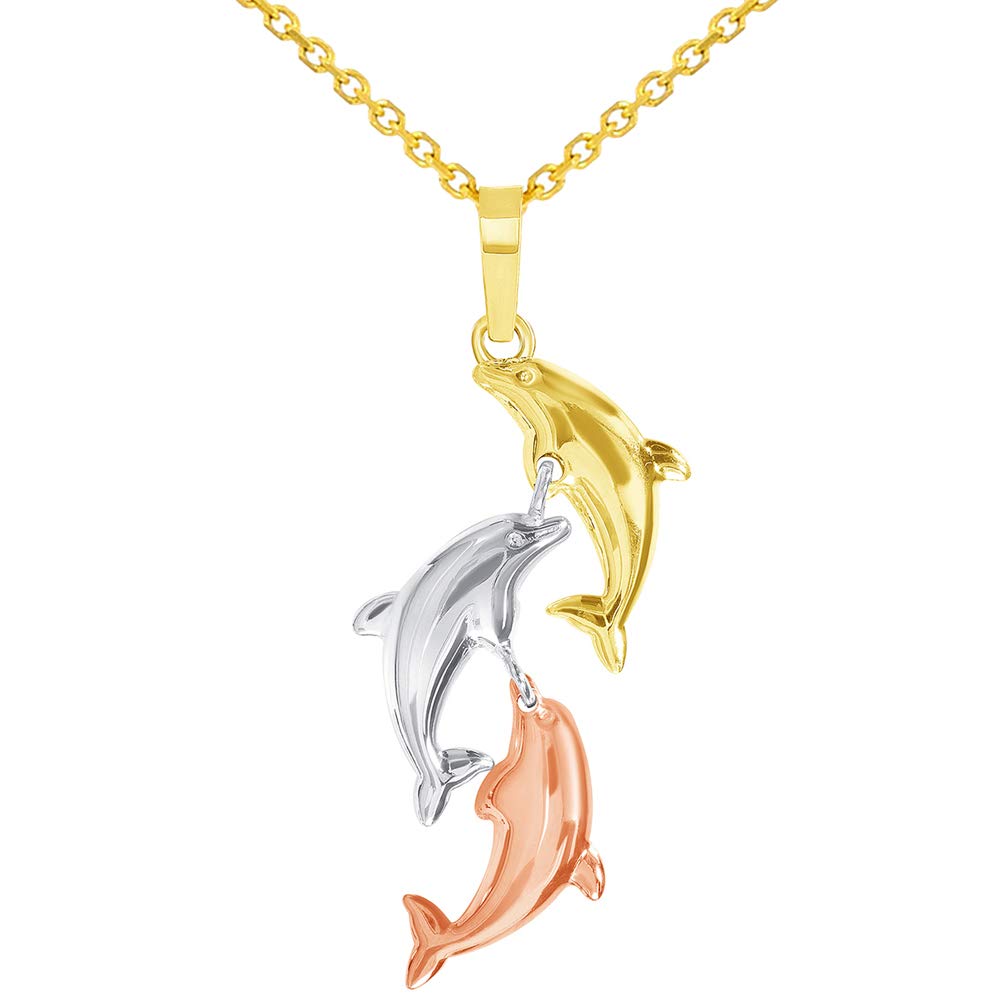 14k Tri-Color Gold Dangling Three Dolphins Jumping Up Pendant Necklace
