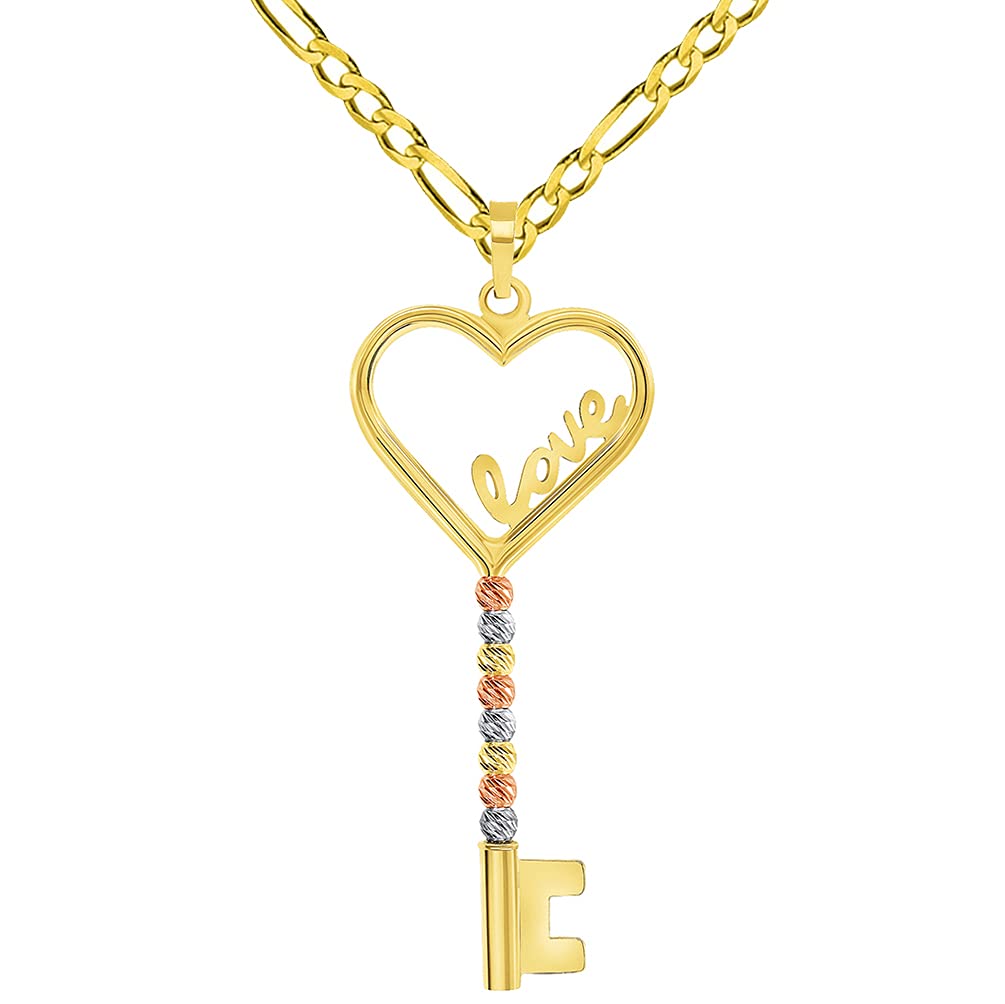 14k Tri-Color Gold Love Written Open Heart Beaded Key Pendant with Figaro Chain Necklace