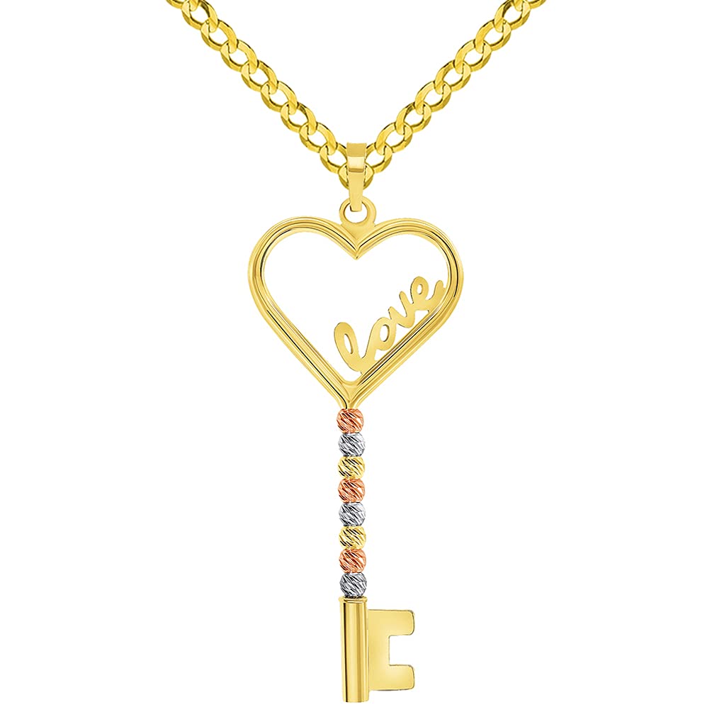 14k Tri-Color Gold Love Written Open Heart Beaded Key Pendant with Cuban Curb Chain Necklace