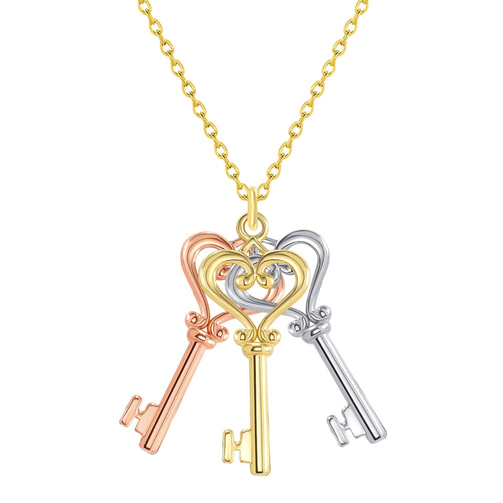 14k Tri-Color Gold Three Dangling Heart Shaped Keys Necklace with Lobster Claw Clasp