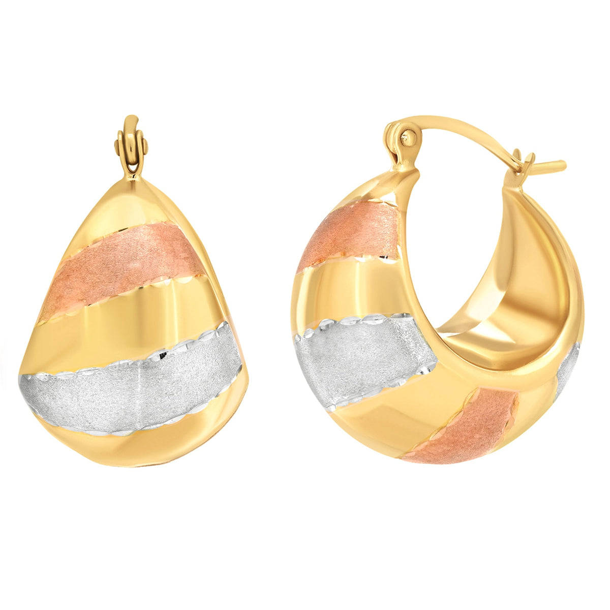 14k Yellow Gold Bold Dome Hoop Earrings with Latch Back - Tri-Tone