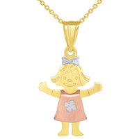 Load image into Gallery viewer, Solid 14k Tri Color Gold Smiling Little Girl Figure Charm Pendant with Cable, Curb, or Figaro Chain Necklace
