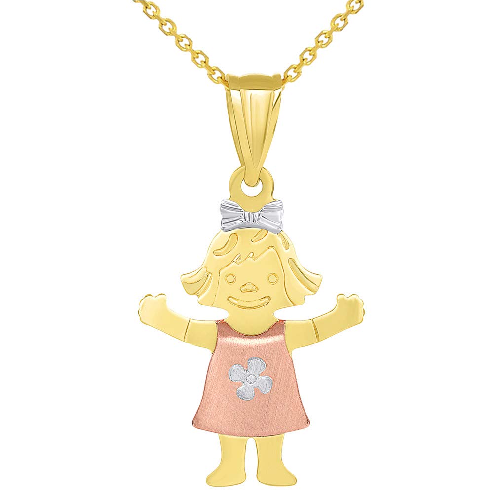 Solid 14k Tri Color Gold Smiling Little Girl Figure Charm Pendant with Cable, Curb, or Figaro Chain Necklace