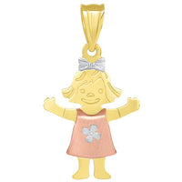 Load image into Gallery viewer, Solid 14k Tri Color Gold Smiling Little Girl Figure Charm Pendant with Cable, Curb, or Figaro Chain Necklace
