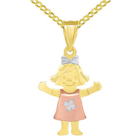 Load image into Gallery viewer, Solid 14k Tri Color Gold Smiling Little Girl Figure Charm Pendant with Cable, Curb, or Figaro Chain Necklace
