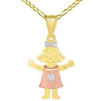 Load image into Gallery viewer, Solid 14k Tri Color Gold Smiling Little Girl Figure Charm Pendant with Cable, Curb, or Figaro Chain Necklace
