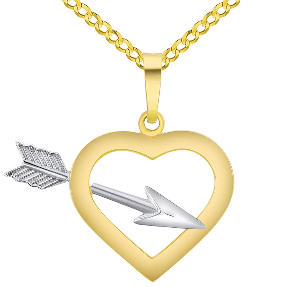 14k Two-Tone Gold 3D Love Arrow Through Open Heart Charm Pendant Curb Chain Necklace