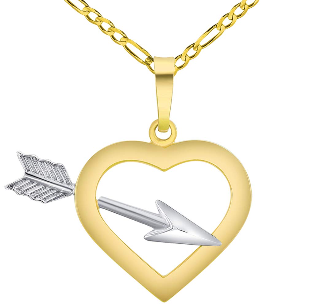 14k Two-Tone Gold 3D Love Arrow Through Open Heart Charm Pendant Figaro Chain Necklace