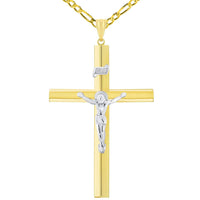 Load image into Gallery viewer, 14k Two-Tone Gold 5.5mm Thick INRI Tubular Crucifix Cross Pendant with Figaro Chain Necklace
