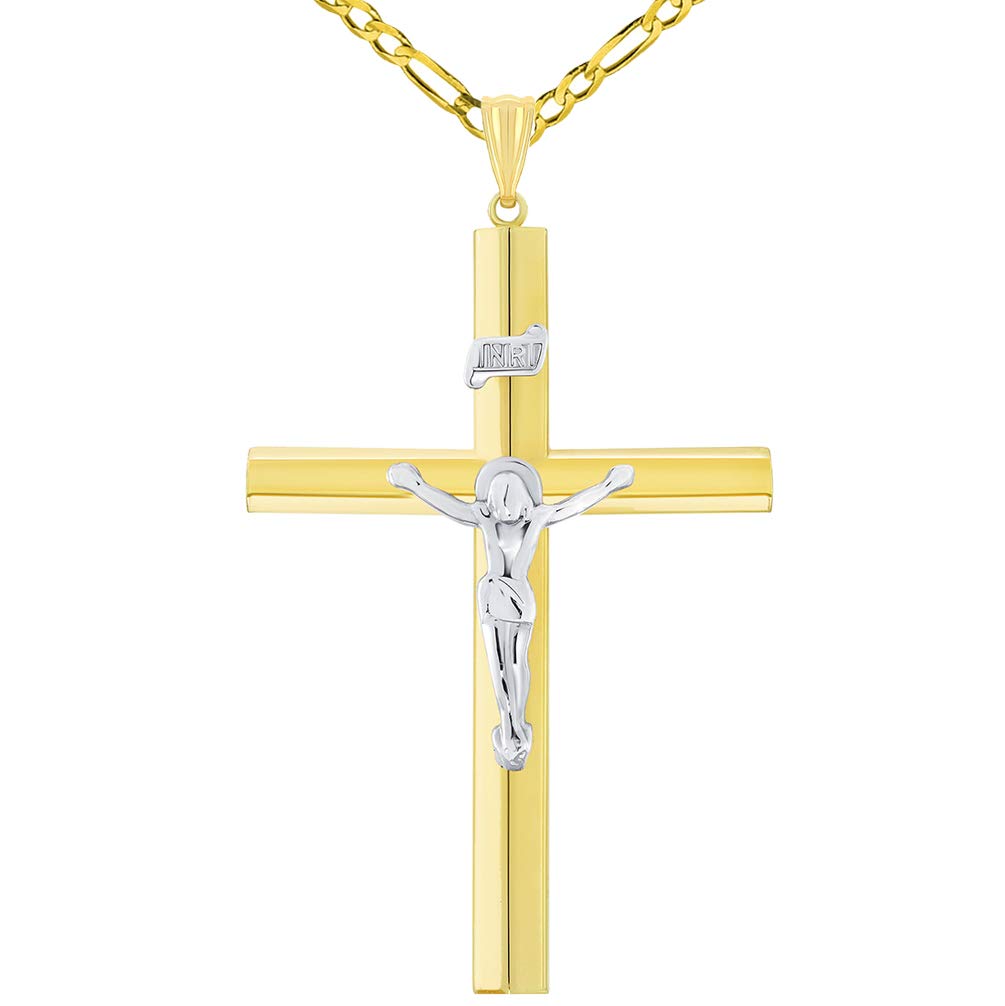 14k Two-Tone Gold 5.5mm Thick INRI Tubular Crucifix Cross Pendant with Figaro Chain Necklace