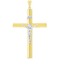 Load image into Gallery viewer, 14k Two-Tone Gold 5.5mm Thick INRI Tubular Crucifix Cross Pendant with Curb Chain Necklace
