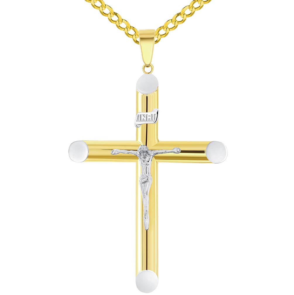 14k Two-Tone Gold 5mm Thick INRI Tubular Crucifix Cross Pendant with Curb Chain Necklace