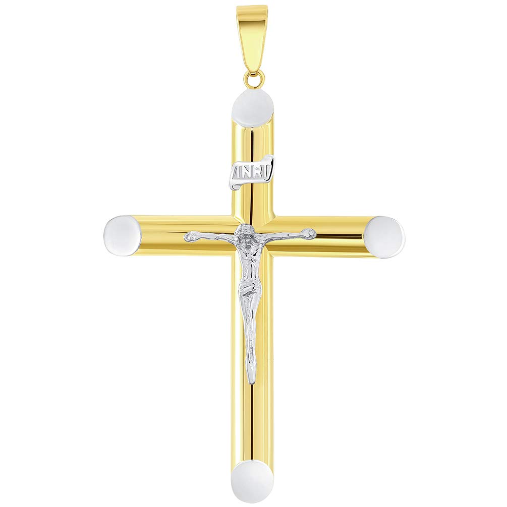 14k Two-Tone Gold 5mm Thick INRI Tubular Crucifix Cross Pendant