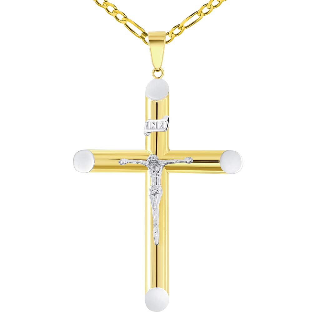14k Two-Tone Gold 5mm Thick INRI Tubular Crucifix Cross Pendant with Figaro Chain Necklace