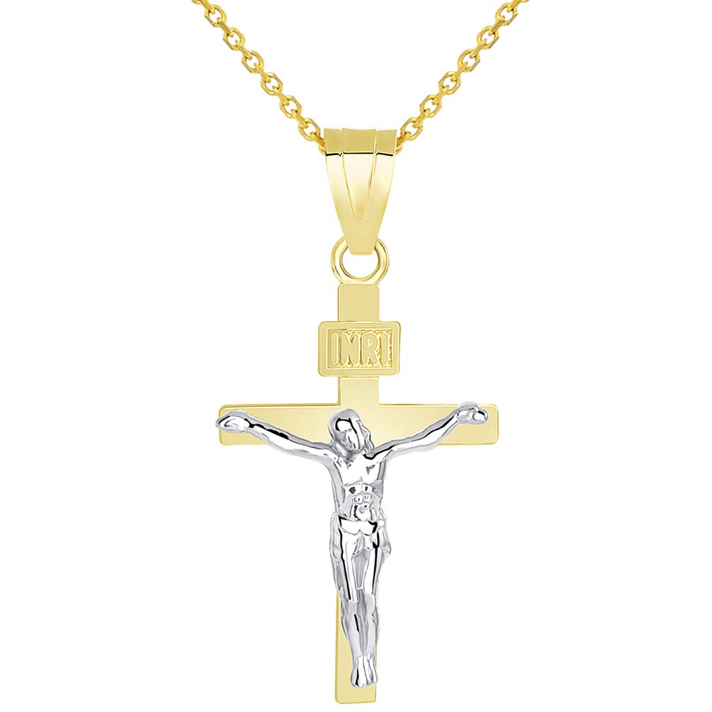 14k Two-Tone Gold Catholic Cross INRI Crucifix Charm Pendant Necklace