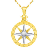Load image into Gallery viewer, 14k Two-Tone Gold Compass Wind Rose Pendant with Rolo Cable, Curb, or Figaro Chain Necklaces
