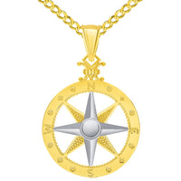 Load image into Gallery viewer, 14k Two-Tone Gold Compass Wind Rose Pendant with Rolo Cable, Curb, or Figaro Chain Necklaces
