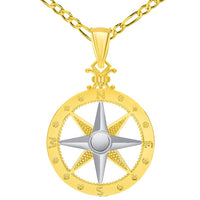 Load image into Gallery viewer, 14k Two-Tone Gold Compass Wind Rose Pendant with Rolo Cable, Curb, or Figaro Chain Necklaces
