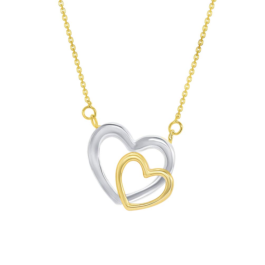 14k Two-Tone Gold Double Open Heart Necklace with Lobster Claw Clasp