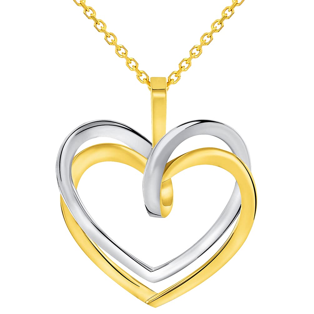 14k Two-Tone Gold Elegant Double Open Heart Pendant with Cable, Curb or Figaro Chain Necklace