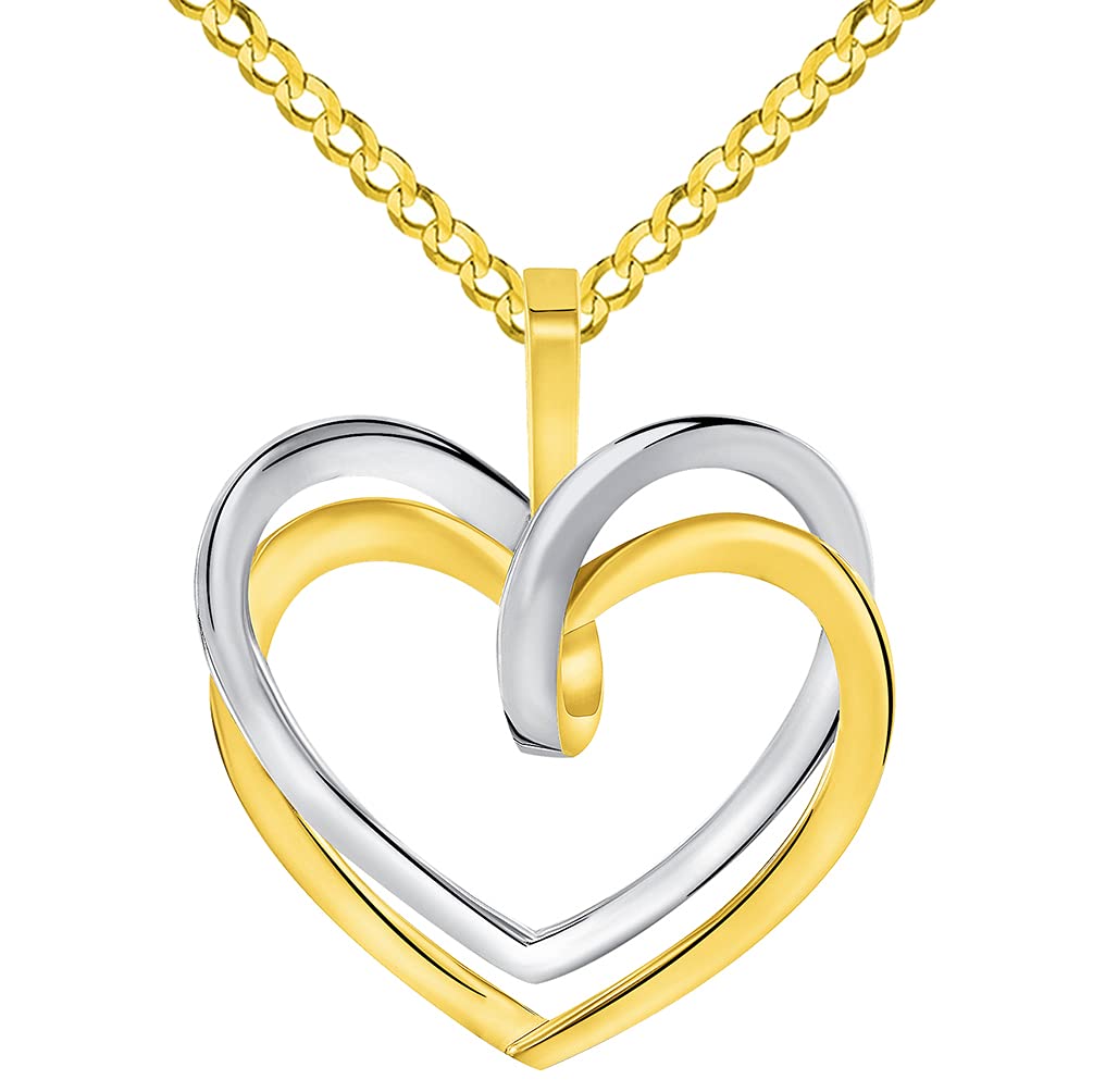 14k Two-Tone Gold Elegant Double Open Heart Pendant with Cuban Curb Chain Necklace