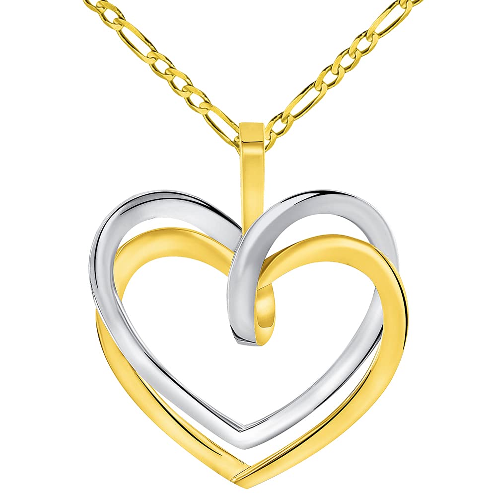 14k Two-Tone Gold Elegant Double Open Heart Pendant with Figaro Chain Necklace