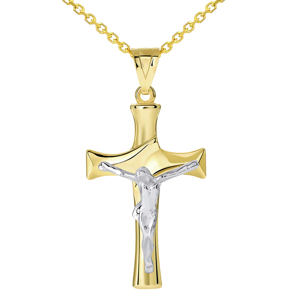 Solid 14k Two-Tone Gold Fancy Christian Cross Jesus Crucifix Pendant Necklace