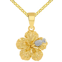 Load image into Gallery viewer, 14k Two-Tone Gold Hibiscus Charm Textured Flower Pendant Necklace
